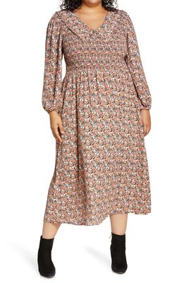 Charles Henry Exaggerated Collar Long Sleeve Midi Dress in Persimmon Blossoms