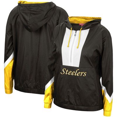 Women's Mitchell & Ness Black Pittsburgh Steelers Half-Zip Windbreaker Hoodie