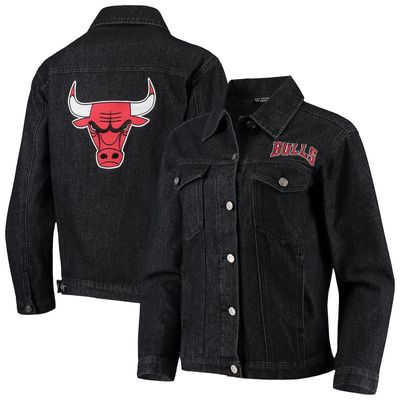 Women's The Wild Collective Black Chicago Bulls Patch Denim Button-Up Jacket