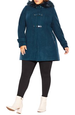 City Chic Wonderwall Coat with Faux Fur Collar in Alpine Teal