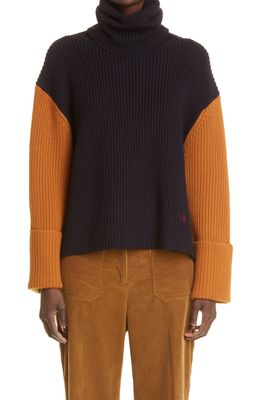 Victoria Beckham Jumbo Cuff Colorblock Wool Sweater in Navy Ochre Red