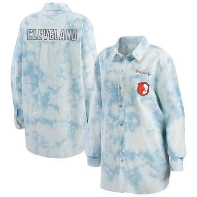 Women's WEAR by Erin Andrews Denim Cleveland Browns Chambray Acid-Washed Long Sleeve Button-Up Shirt