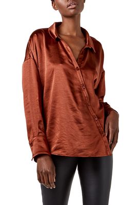 AS by DF Parisienne Asymmetric Button-Up Hammered Satin Blouse in Cognac