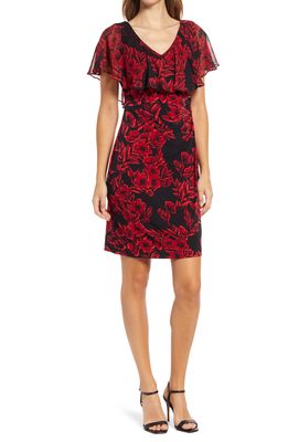 Connected Apparel Floral Print Cape Dress in Red