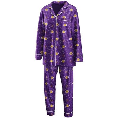 Women's WEAR by Erin Andrews Purple Los Angeles Lakers Long Sleeve Button-Up Shirt & Pants Sleep Set