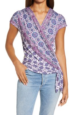 Loveappella Border Print Faux Wrap Top in Violet