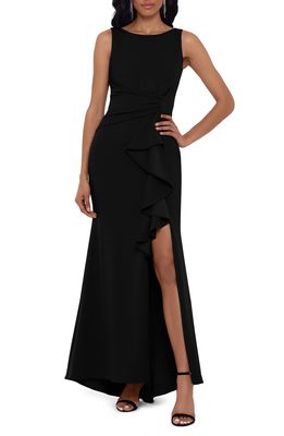 Betsy & Adam Ruffle Bow Trumpet Gown in Black