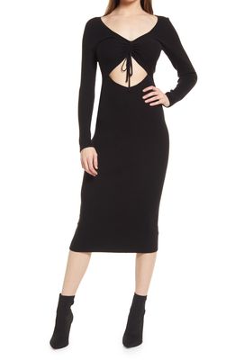 All in Favor Gathered Front Cutout Long Sleeve Rib Midi Dress in Black