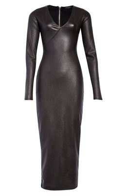 Naked Wardrobe V-Neck Long Sleeve Faux Leather Maxi Dress in Black