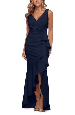 Betsy & Adam V-Neck Cascade Ruffle High-Low Gown in Navy