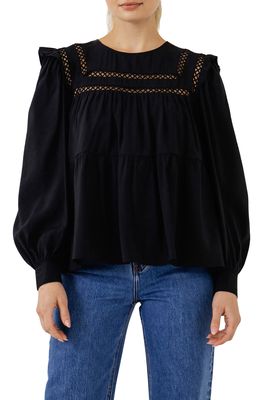 English Factory Lace Inset Puff Sleeve Blouse in Black