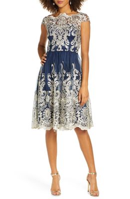 Chi Chi London Yazzy Embroidered Mesh A-Line Dress in Navy