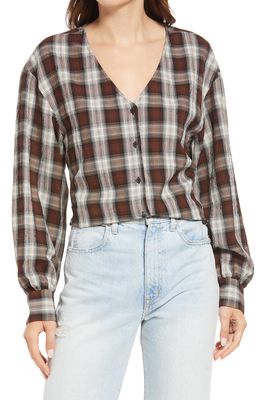 Treasure & Bond Plaid V-Neck Button-Up Shirt in Brown- Ivory Ombre Winpane