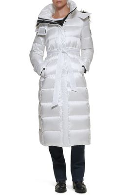 Karl Lagerfeld Paris Down & Polyester Fill Longline Puffer Jacket with Faux Fur Trim in White