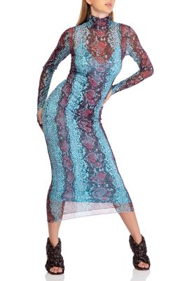 AFRM Shailene Long Sleeve Mesh Midi Dress in Port/Blue Snake