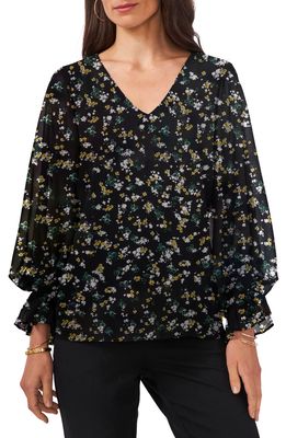 Chaus Floral Balloon Sleeve Top in Rich Black