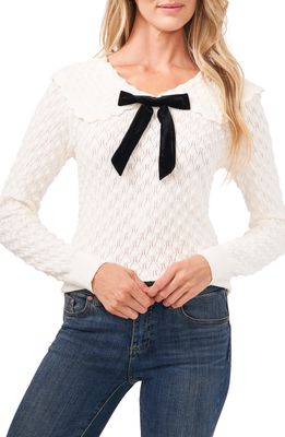 CeCe Pointelle Knit Collared Sweater with Velvet Bow in Antique White