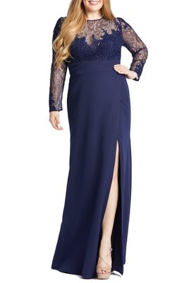 Mac Duggal Long Sleeve Embellished Lace Column Gown in Midnight