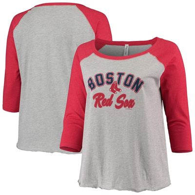 Women's Soft as a Grape Heathered Gray/Red Boston Red Sox Plus Size Baseball Raglan 3/4-Sleeve T-Shirt in Heather Gray