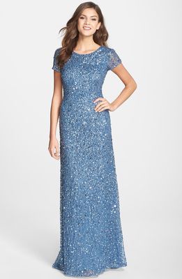 Adrianna Papell Short Sleeve Sequin Mesh Gown in Nile