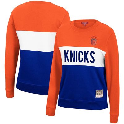 Women's Mitchell & Ness Blue/Orange New York Knicks Hardwood Classics Colorblock 2.0 Pullover Sweatshirt