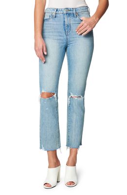 BLANKNYC The Madison Ripped High Waist Raw Hem Bootcut Jeans in Perfect Places