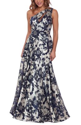 Betsy & Adam Floral One-Shoulder Foil Gown in Navy/Gold