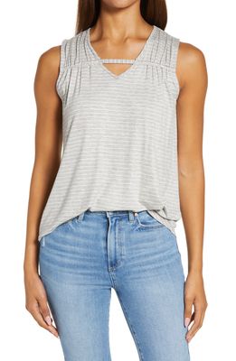 Loveappella Stripe Gathered Shoulder Cutout Tank in Heather Gray
