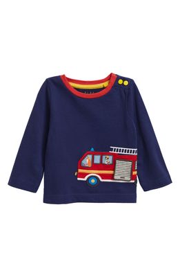 Mini Boden Lift The Flap Firetruck Applique Cotton T-Shirt in Beacon Blue Fire Engine