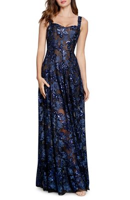 Dress the Population Anabel Floral Sequin Fit & Flare Gown in Navy