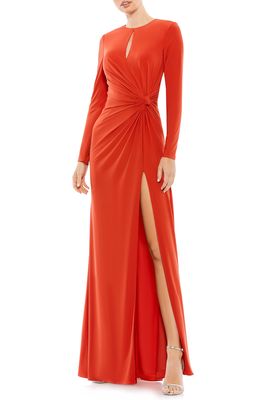 Mac Duggal Ruched Keyhole Long Sleeve Jersey Gown in Brick Red