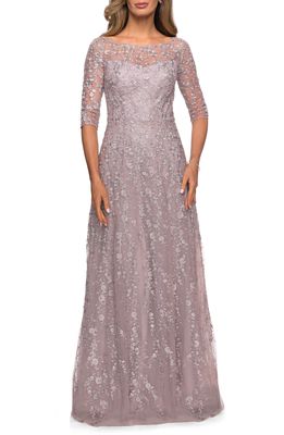 La Femme Floral Embroidery A-Line Gown in Orchid Pink