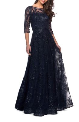 La Femme Sequin Embroidered A-Line Gown in Navy