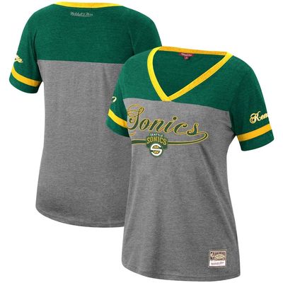 Women's Mitchell & Ness Shawn Kemp Heathered Charcoal Seattle SuperSonics Team Captain V-Neck T-Shirt in Heather Charcoal