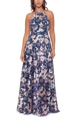 Betsy & Adam Metallic Floral Halter Top Gown in Teal/Gold