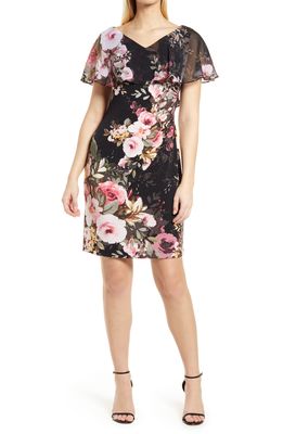 Connected Apparel Floral Print Knit Cape Dress in Black