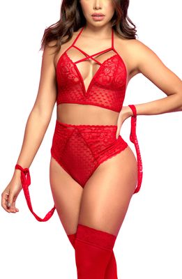Mapale Strappy Lace Underwire Bra & High Waist Thong Set in Red