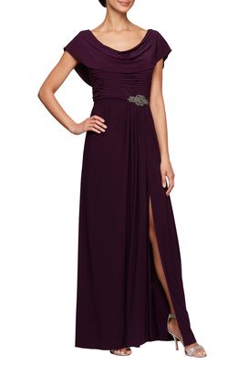 Alex Evenings Cowl Neck Beaded Waist Gown in Eggplant