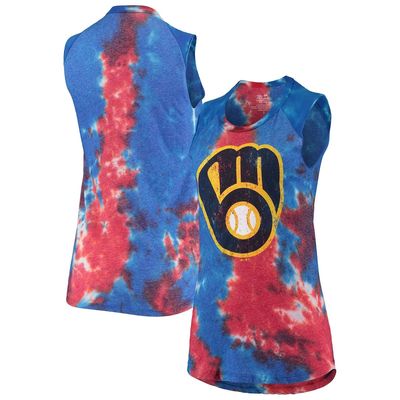 Women's Majestic Threads Red/Blue Milwaukee Brewers Tie-Dye Tri-Blend Muscle Tank Top