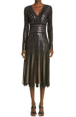 St. John Evening St. John Collection Sequin Pleated Long Sleeve Mesh Dress in Black/Black