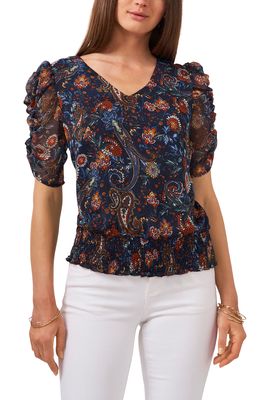 Chaus Ruched Sleeve Print Blouse in Navy/Rust