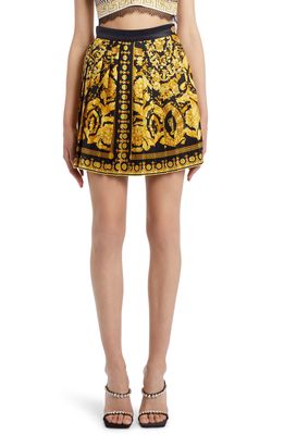 Versace Barocco Pleated Silk Skirt in Black Gold