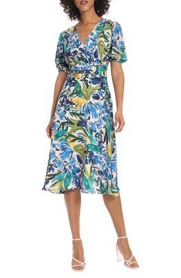Maggy London Puff Sleeve Floral Midi Dress in Soft White/Light Sky