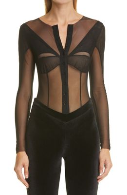 Kathryn Bowen Button-Up Mesh Bodysuit in Black