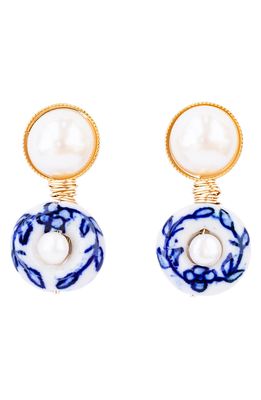 The Pink Reef Chinoiserie Imitation & Freshwater Pearl Drop Earrings in Blue/white