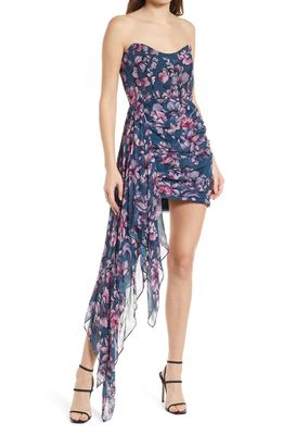 Katie May Chasing Dawn Ruched Strapless Trailing Hem Cocktail Dress in Artsy Pink Flora