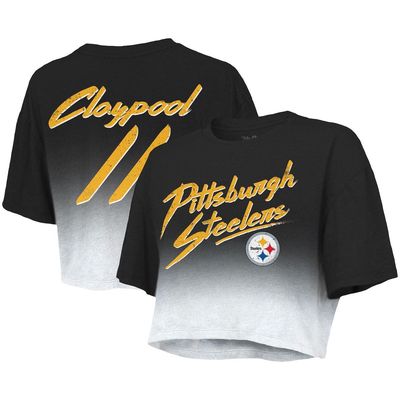 Women's Majestic Threads Chase Claypool Black/White Pittsburgh Steelers Drip-Dye Player Name & Number Tri-Blend Crop T-Shirt