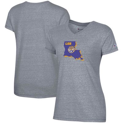 Women's Champion Gray LSU Tigers Vault Logo V-Neck T-Shirt