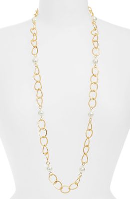 Karine Sultan Imitation Pearl Long Station Necklace in Gold