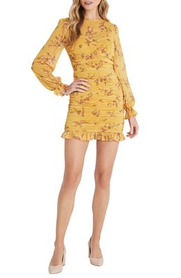 VICI Collection Floral Ruched Long Sleeve Minidress in Mustard